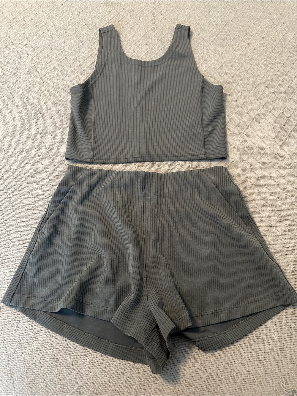 Lululemon Softstreme Ribbed Two-Piece Tank Top & Shorts Set — Olive Green